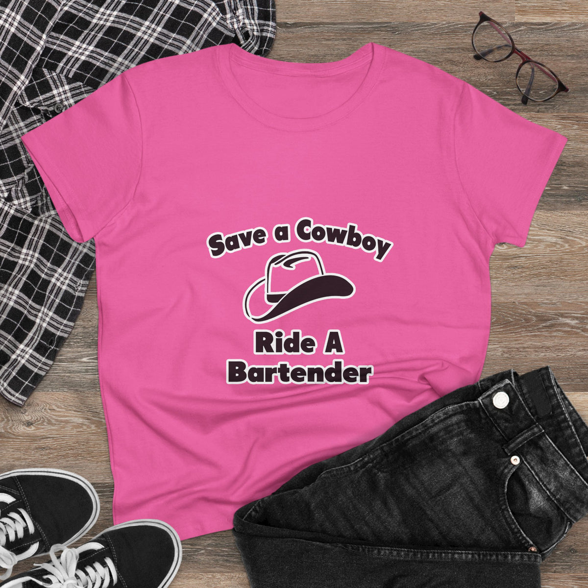 Save a Cowboy .... Ride a Bartender - Women's Midweight Cotton Tee