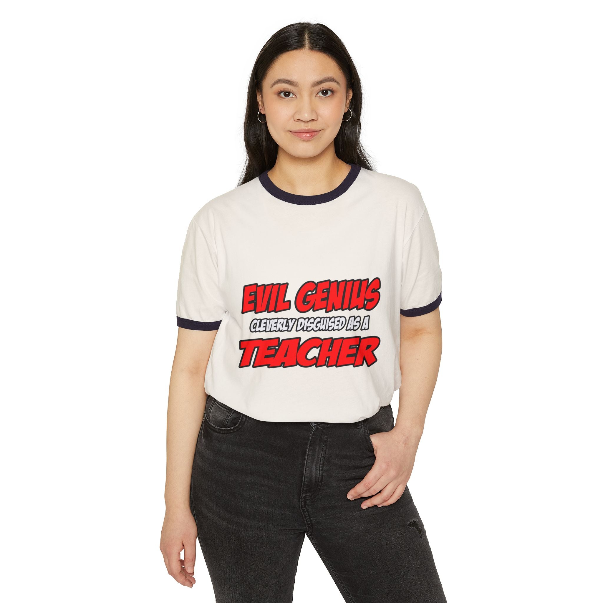 Evil Genius...Teacher - Unisex Cotton Ringer T-Shirt