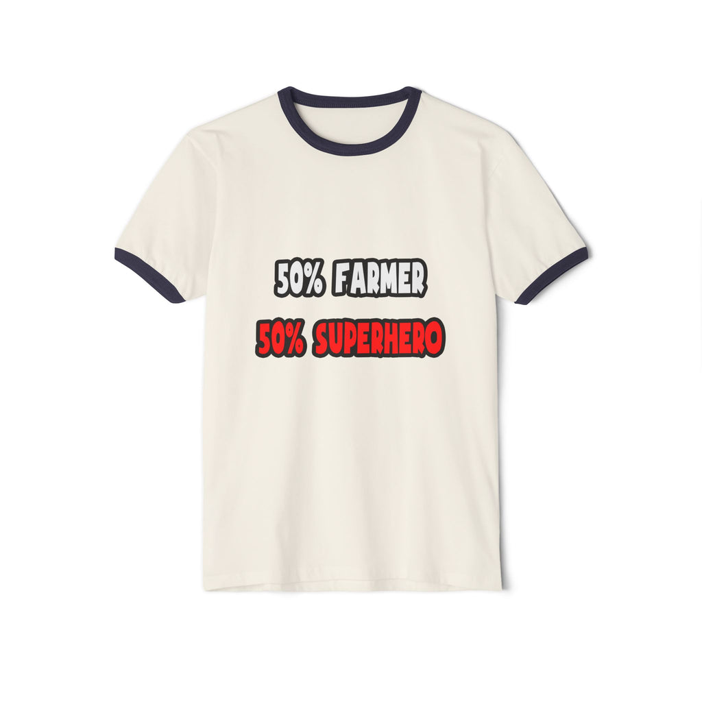 Half Farmer ... Half Superhero - Unisex Cotton Ringer T-Shirt