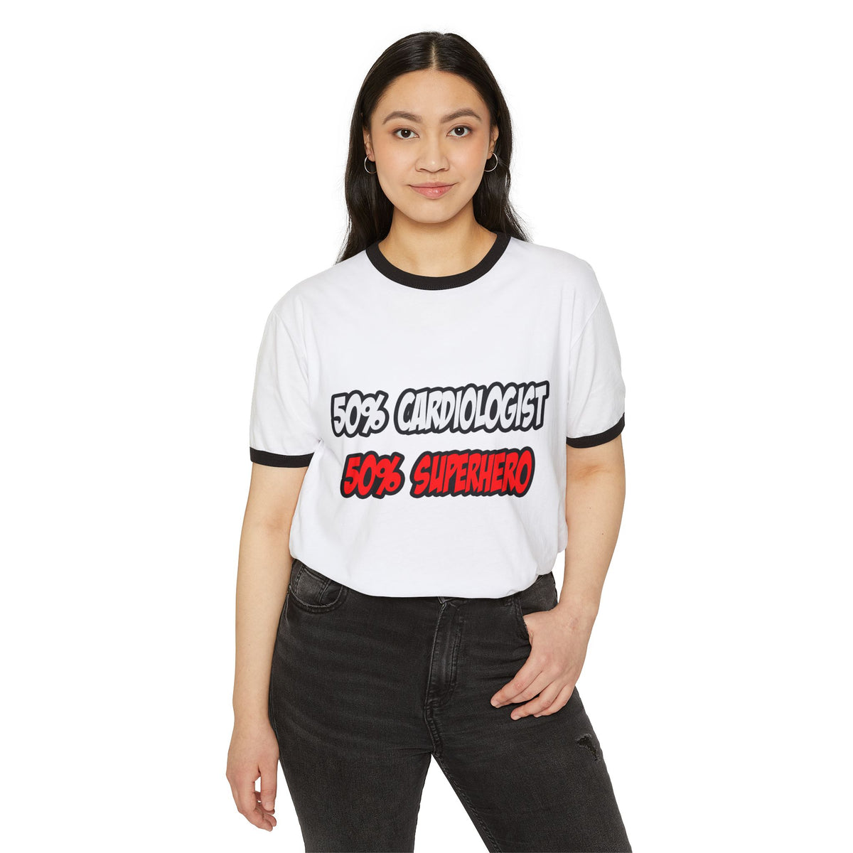 Half Cardiologist...Half Superhero - Unisex Cotton Ringer T-Shirt