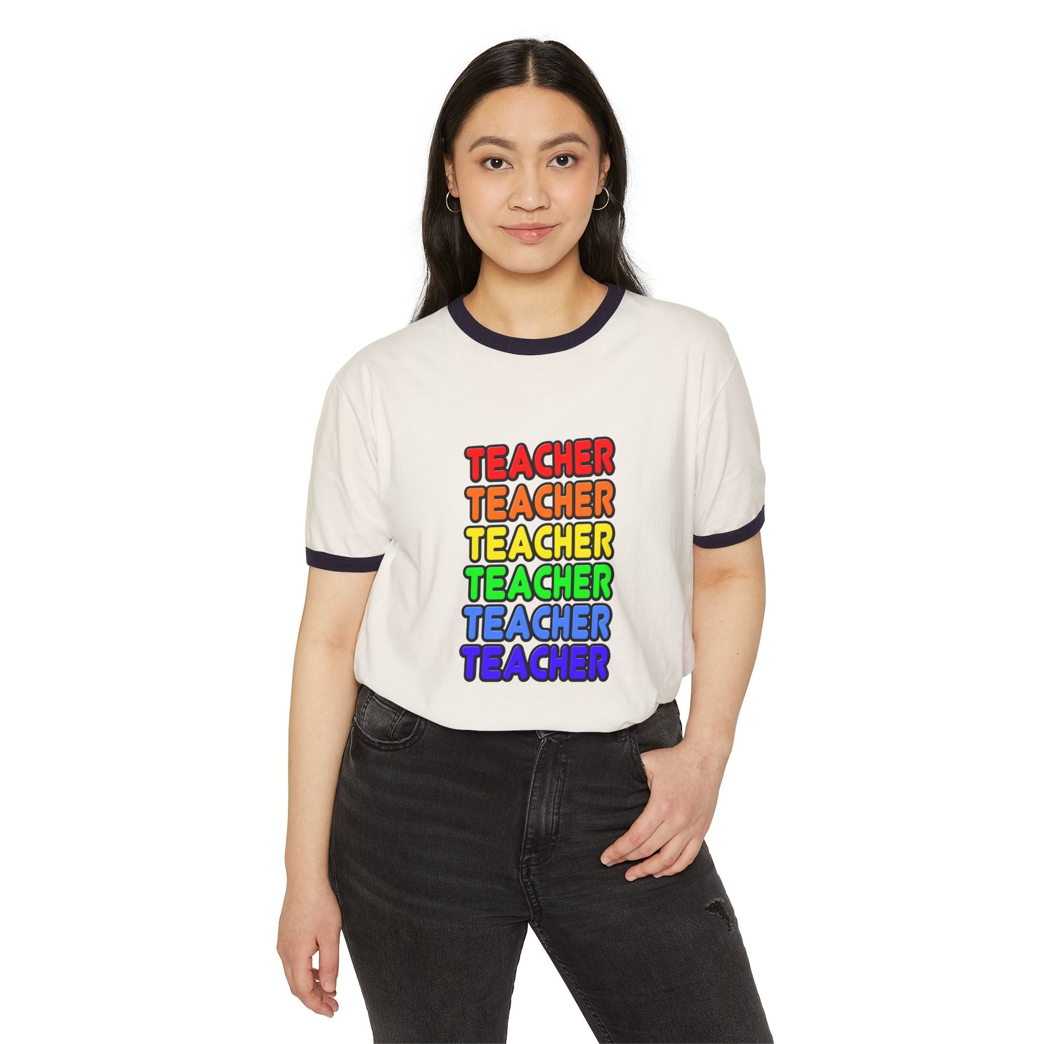 Rainbow Teacher - Unisex Cotton Ringer T-Shirt