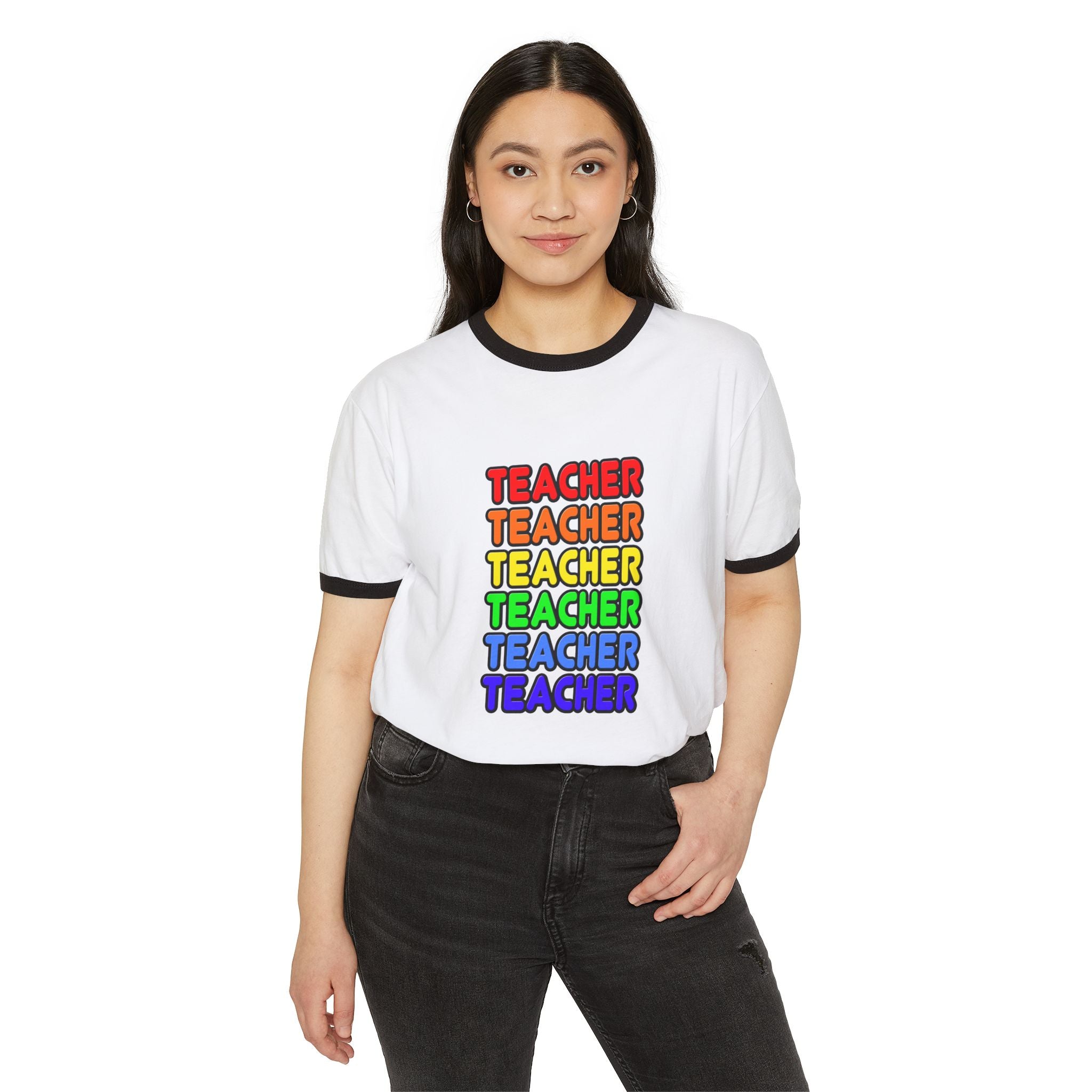 Rainbow Teacher - Unisex Cotton Ringer T-Shirt