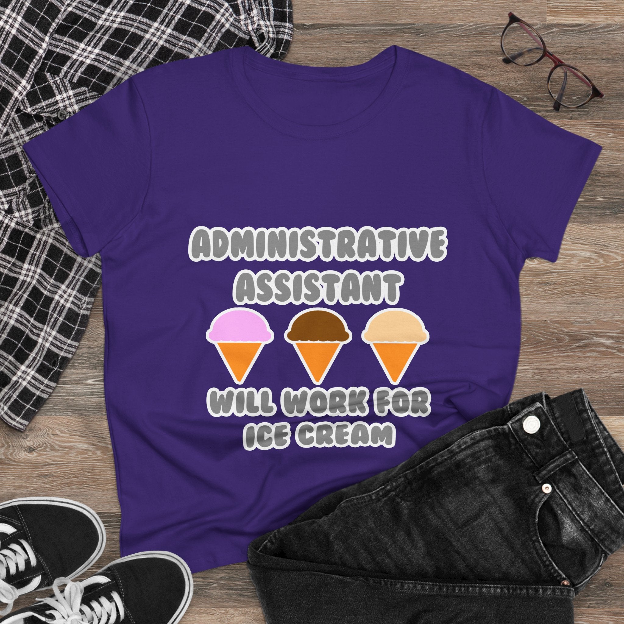 Administrative Asst ... Will Work For Ice Cream - Women's Midweight Cotton Tee