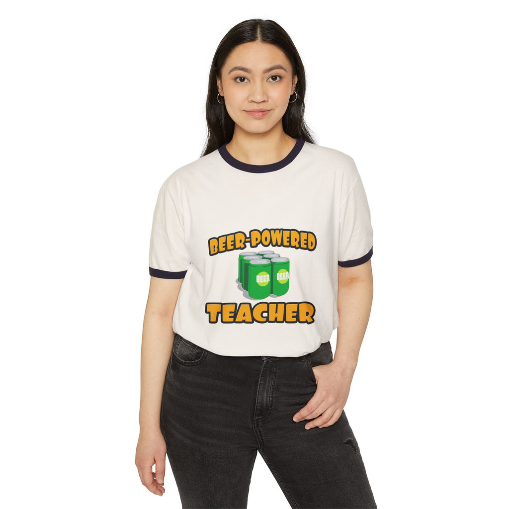 Beer Powered Teacher - Unisex Cotton Ringer T-Shirt